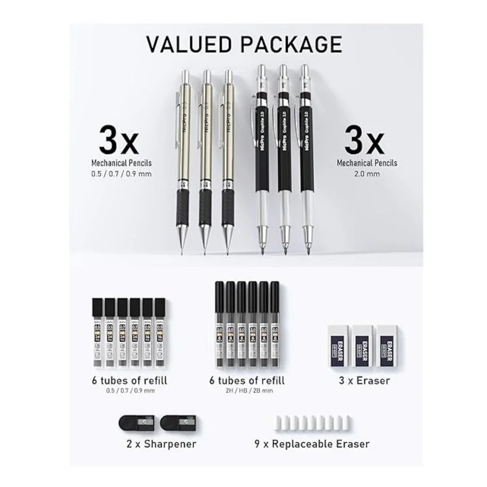 NEW Mechanical Pencil Set Drafting Pencils 0.5 mm & 0.7 mm & 0.9 mm & 3PCS 2mm G